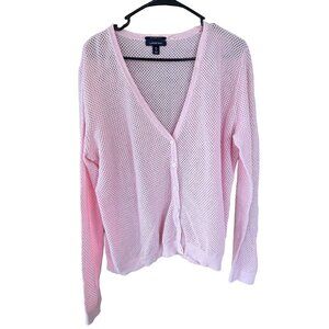 Lands' End Pink Open Knit Cotton Cardigan Sweater XL Lightweight Mesh Button Fro